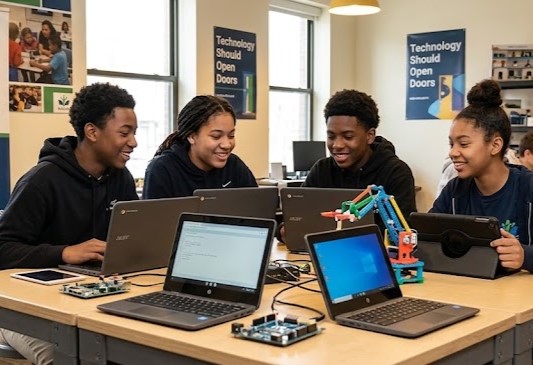 Young people exploring laptops and robotics together